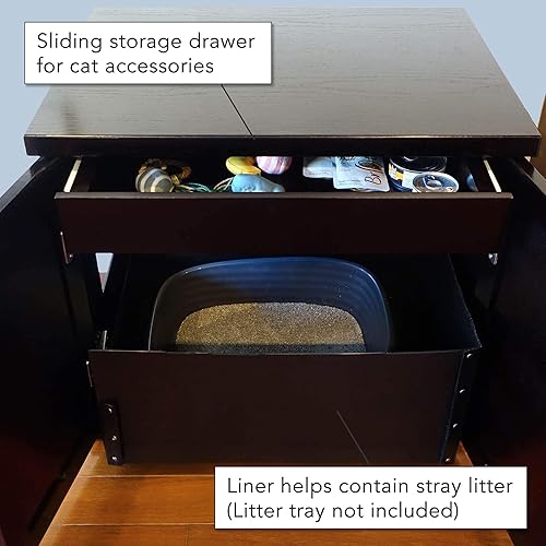 Miniatura 2 de THE REFINED FELINE Gabinete de caja de arena para gatos cabaña espresso negro niveladores ajustables grande muebles de arena oculta con cajón