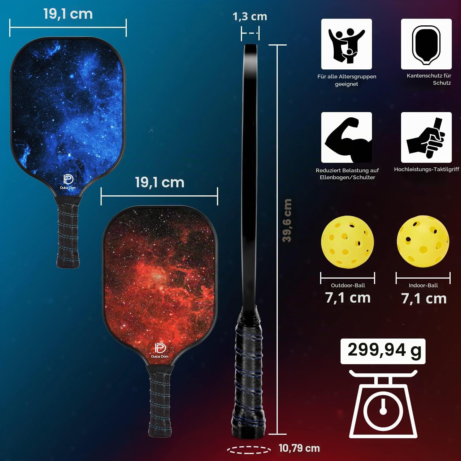 DULCE DOM Pickleball-Paddel, 2er- / 4er-Set, USAPA-genehmigt, Fiberglas/Kohlefaser, Pickleballschläger mit 4 Pickleball-Bällen für drinnen und draußen, Pickleball-Tasche, ideales