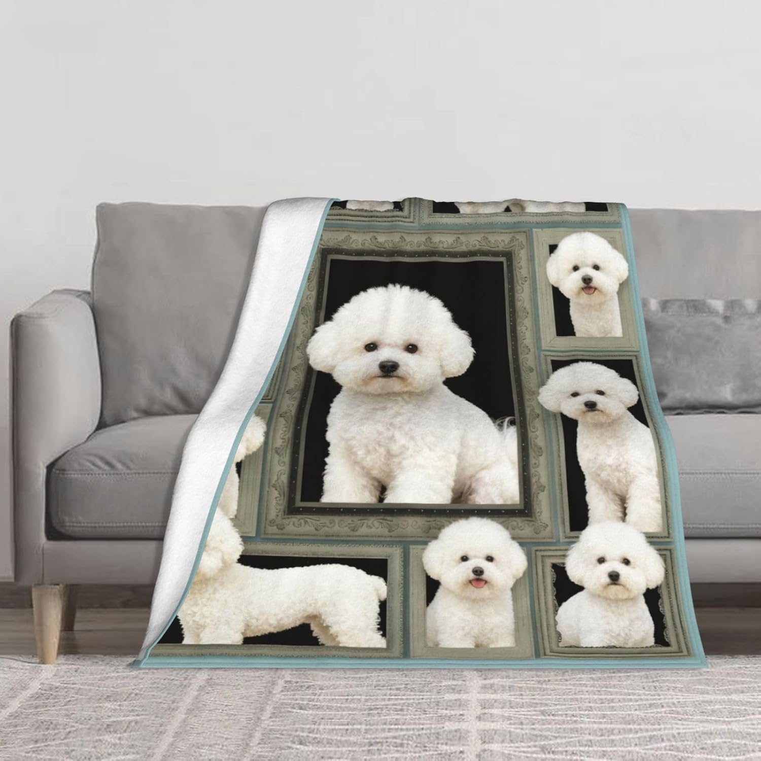 Bichon Frise Flannel Fleece Blanket, Soft Cozy Dog Throw with Framed Bichon Portrait Collage, Lightweight Warm Bed & Couch Cover, Machine Washable, Gift for Pet Lovers - 60"x50"