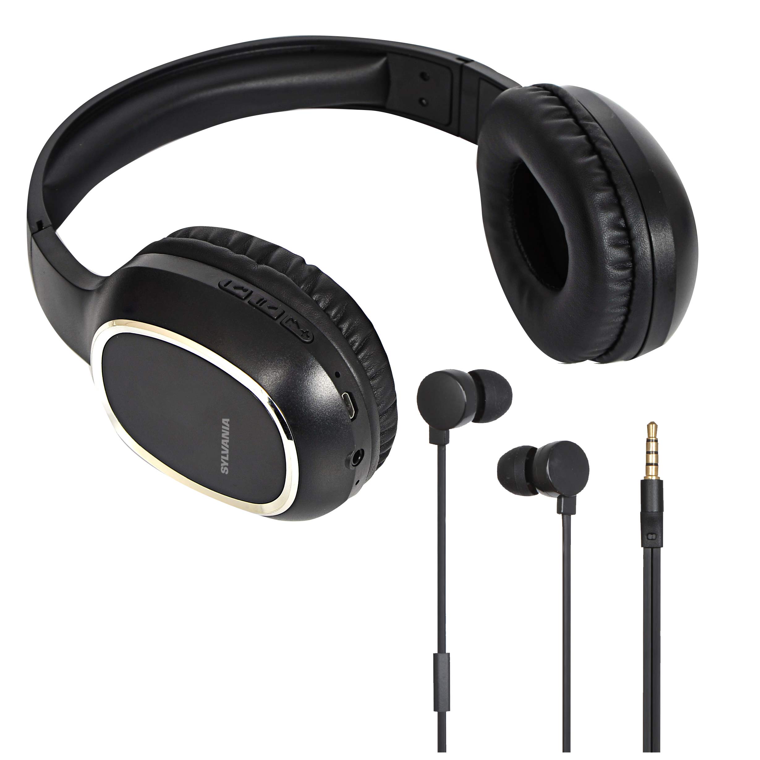 Sylvania Bluetooth Wireless Headphones with Microphone (Black with Earphones Combo (2-in-1))