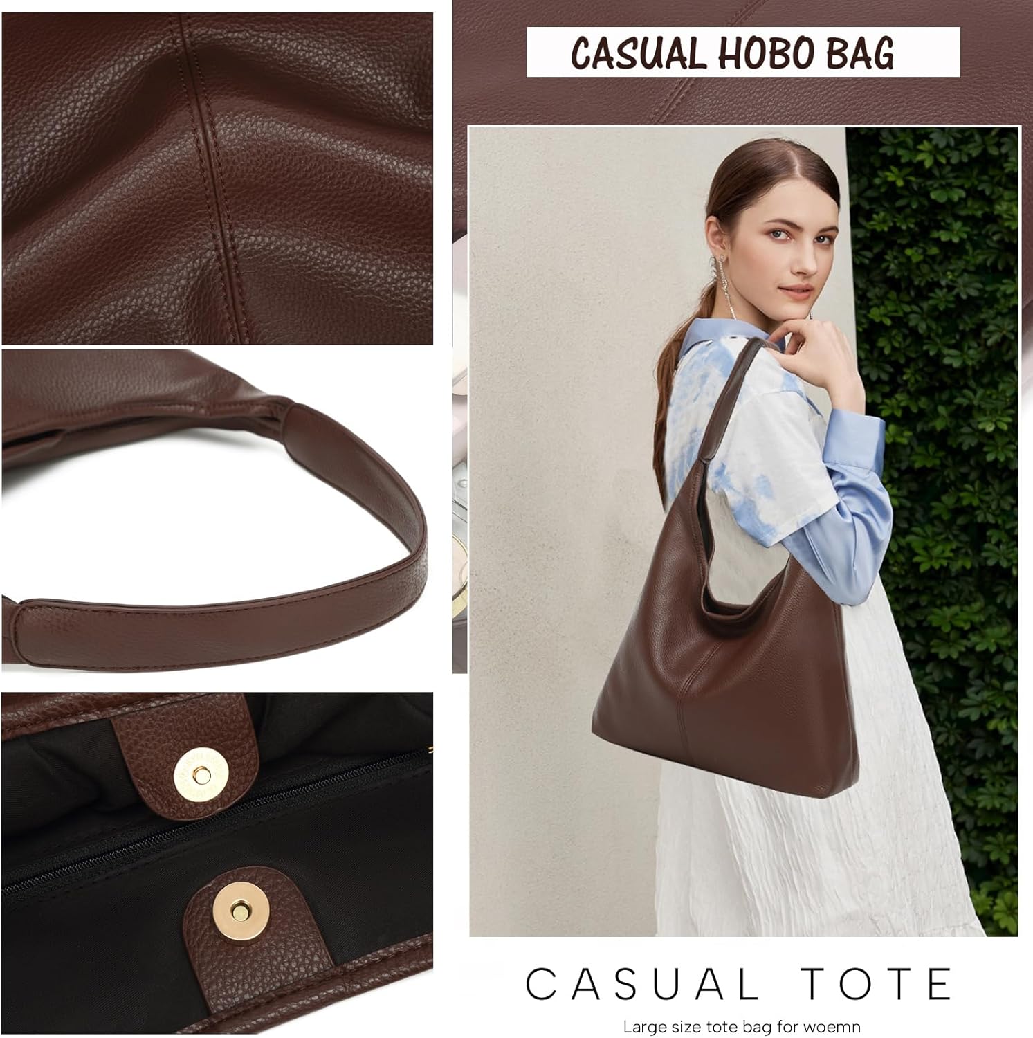 Casual Hobo Bag for Women Soft Shoulder Bags Slouchy Pu Leather Tote Purses for Work Travel - Image 6