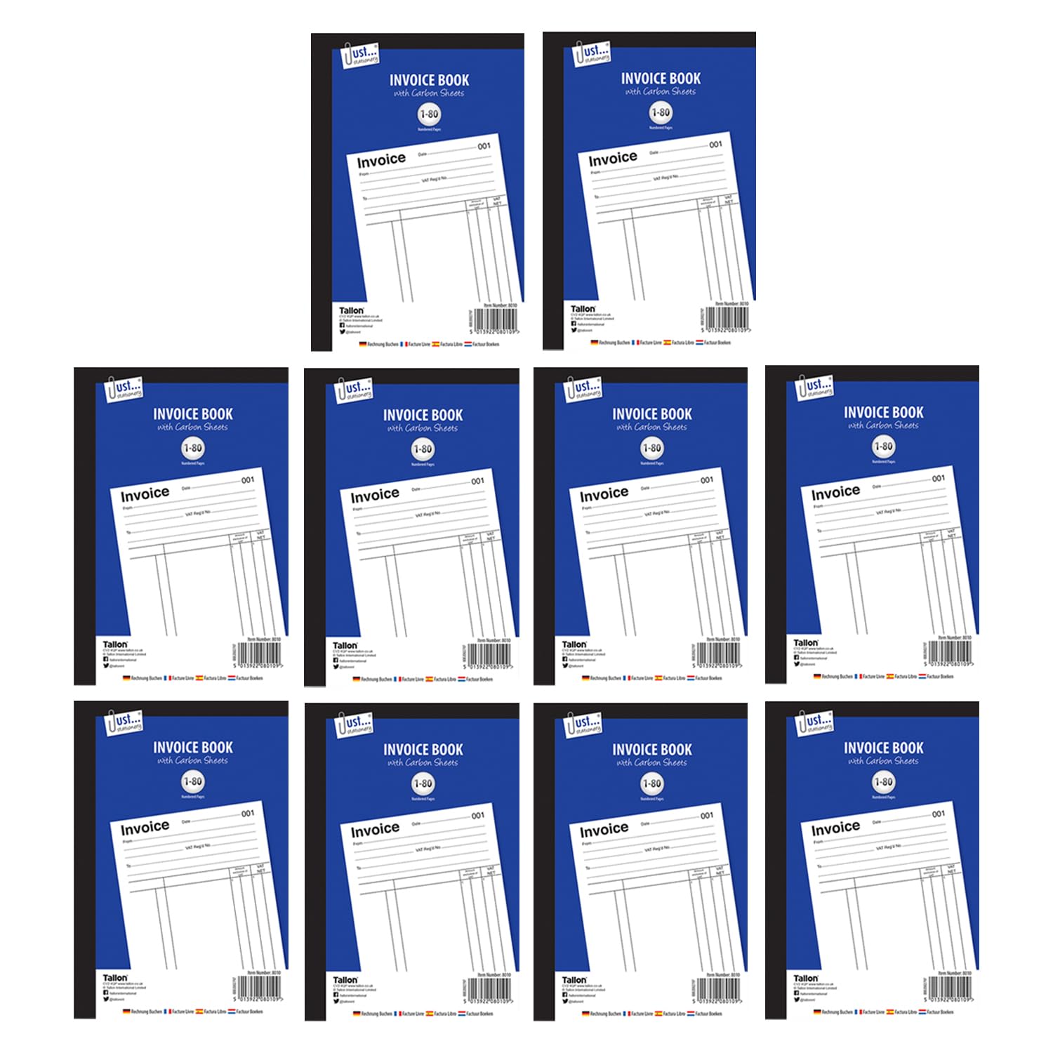 (10 Books) Multiple Packs of Invoice Book with Carbon Sheets 1 – 80 Pages Ruled Feint Numbered Set Full Size Professional Invoice Duplicate Invoice Books -'Date' 'From' 'To', 'VAT Reg'd No.', 'Amount'