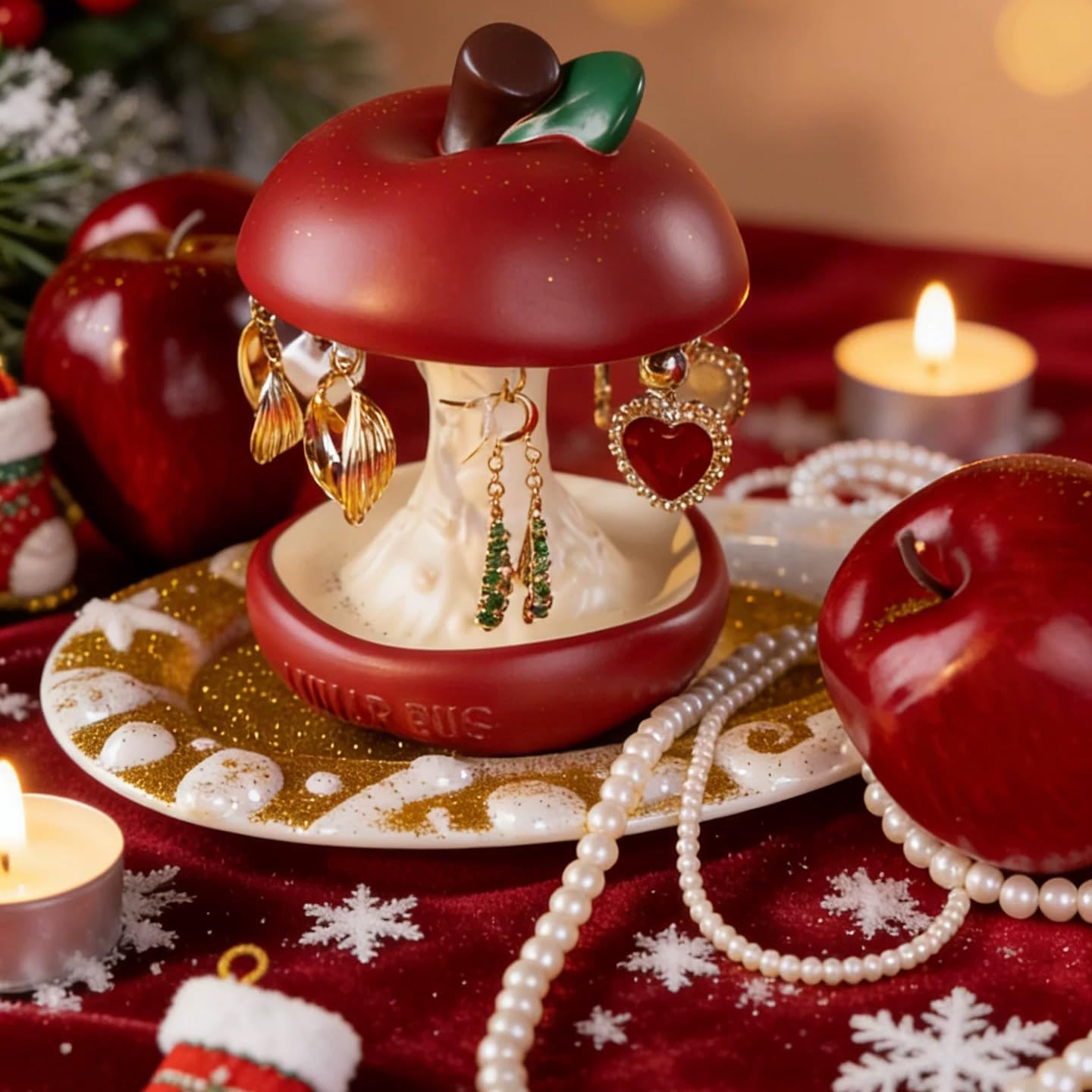 Rotating Enchanted Fruit Jewelry Display Stand | Luxury Resin Hand-Painted Vintage Red Rotating Carousel | Earring & Jewelry Holder for Vanity | Christmas Birthday Gift for Her Girlfriend Wife
