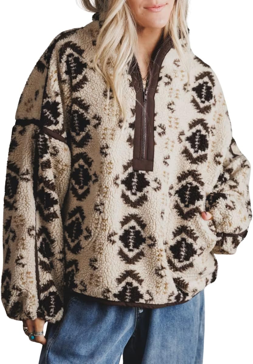 chouyatou Women Floral Fleece Jacket Stand Collar Sherpa Sweatshirt Coat