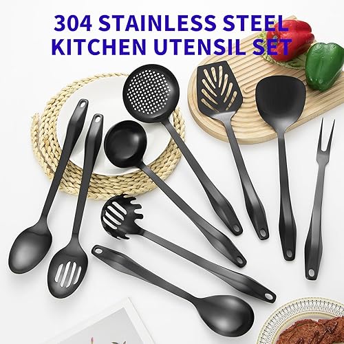 Miniatura 7 de Juego de utensilios de cocina de acero inoxidable 304  9 utensilios de cocina, juego de espátulas de metal para cocina, juego de herramientas de