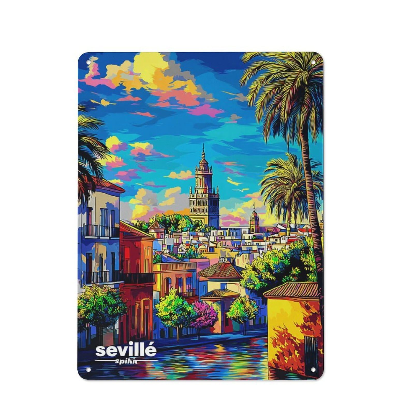Junmoney Seville's Vibrant Streetscape -1 Retro Metal Wall Sign 40X30cm For Café Or Home Bar, For Home Bar Enthusiasts, For Retro Home Interiors