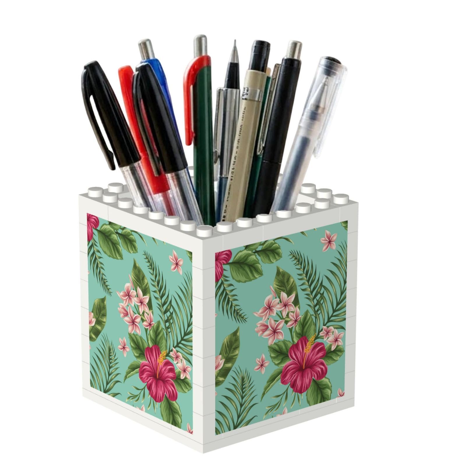 Poadnly Plumeria And Hibiscus Flowers Print Exotic Jungle Palm Leaf, Pen Pot Pencil Holder for Office Home School, Compact Desk Organiser for Office Stationery
