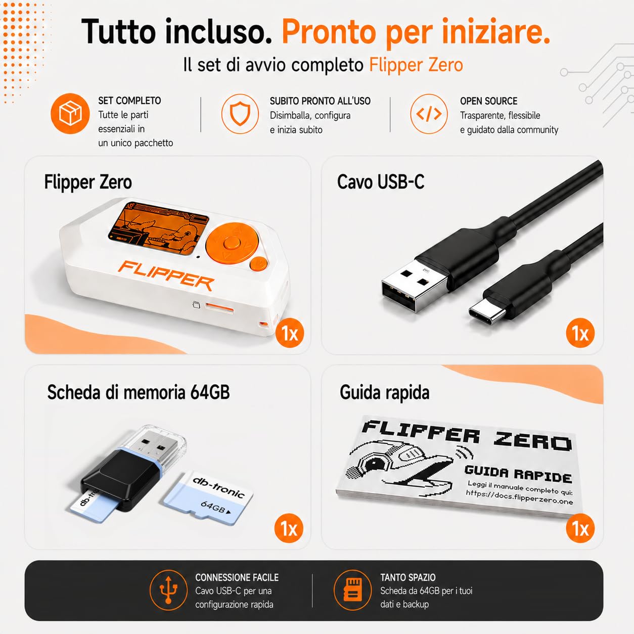 Flipper Zero Set | Flipper Zero | Scheda di memoria da 64 GB | adattatore lettore di schede