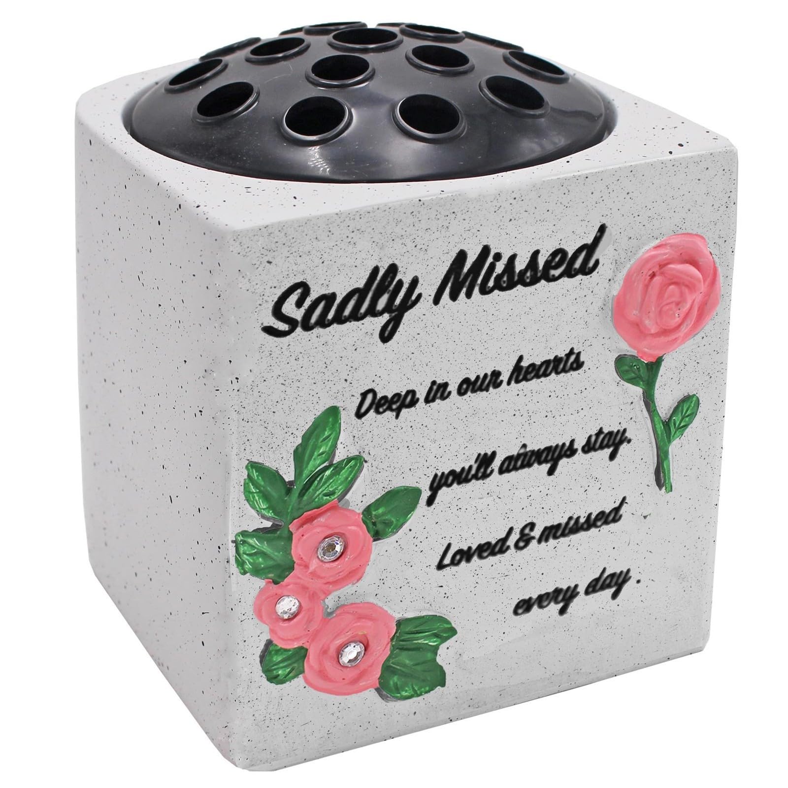 Quickdraw Supplies White Grave Vase Memorial Flower Holder Pot – Cemetery Graveside Vase With Sadly Missed Inscription, Stone Effect Weatherproof Memorial Ornament With Pink Flowers Tribute