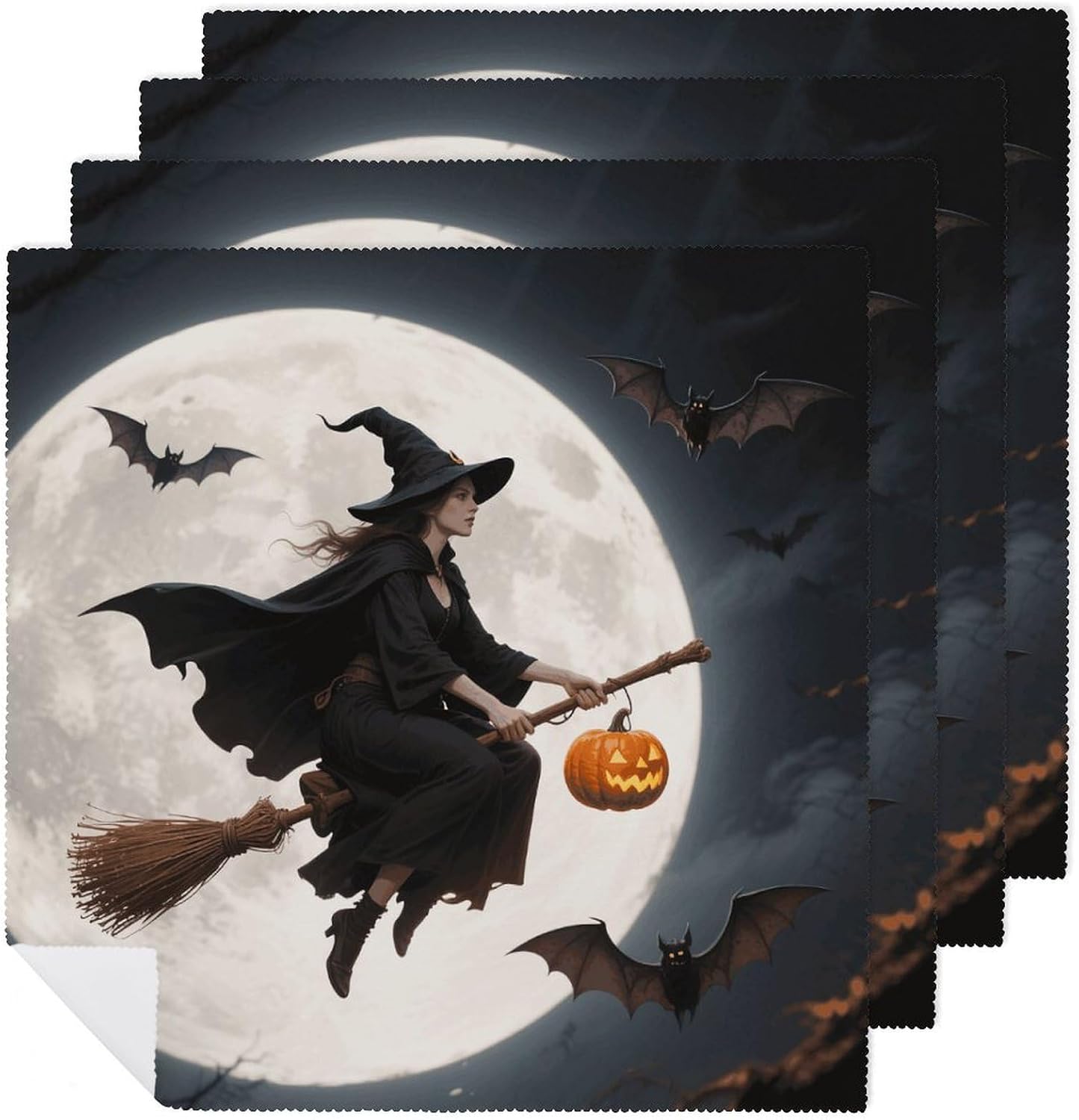 4 PCS Cloth Napkins Witch Broom Flight Reusable Satin 18.7x18.7 Inch Washable Soft Table Napkins for Dining Wedding, Holiday Decor & Eco-Friendly Kitchen Gifts