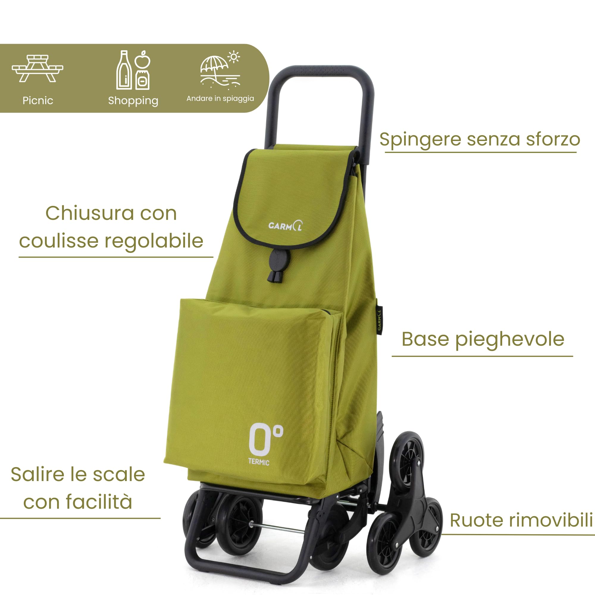 GARMOL Carrello per la spesa termico pieghevole da 55 litri | Tasca termica interna da 11 litri | Carrello della spesa 8 ruote scalate di grande capacità | Carrello pieghevole colore verde avocado