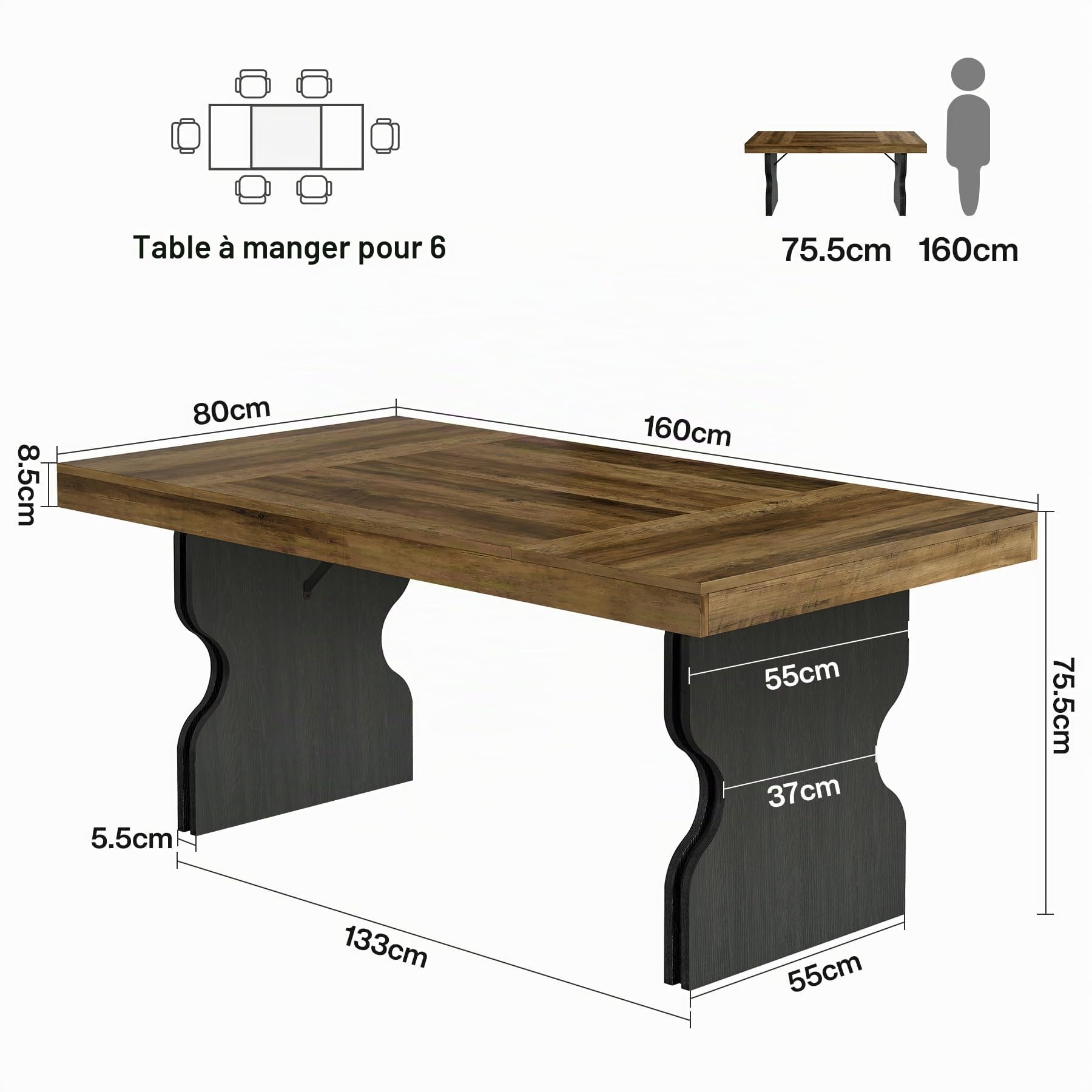 Tribesigns Table à manger rectangulaire rustique de 160 cm pour 4 à 6 personnes, table de cuisine de ferme stable en MDF pour salon, bureau, restaurant, multi-usages, chêne