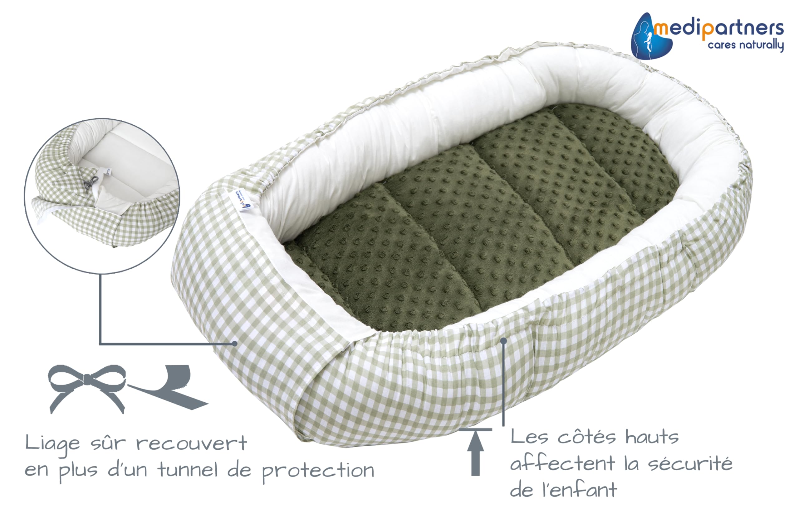 Medi Partners Reducteur de Lit Bebe - Réducteur Bébé 100x60x15cm 5 éléments Cocon et Naissance Nid d'ange bilatéral Cale 100% Coton Minky (Grille avec Olive Minky)