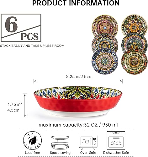 Miniatura 2 de Henten Home Juego de 6 cuencos de porcelana para pasta de 32 onzas, cuencos de cerámica para sopa, cereales, frutas, estilo bohemio, aptos para