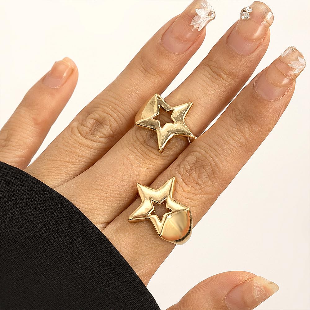 Anillo de estrella de oro para mujeres y hombres, accesorios de joyería Y2K, juego de anillos de nudillos con estrellas gruesas y punk, Metal, Sin piedras preciosas 3