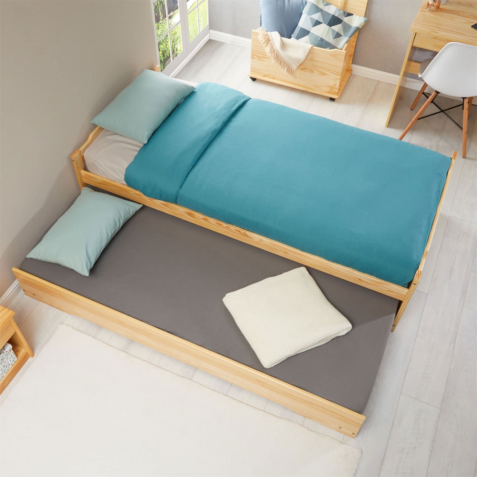IDIMEX Lit gigogne Lorena 1 Personne tiroir lit Fonctionnel 90 x 190 cm pin Massif recouvert d'un Vernis Naturel et Blanc