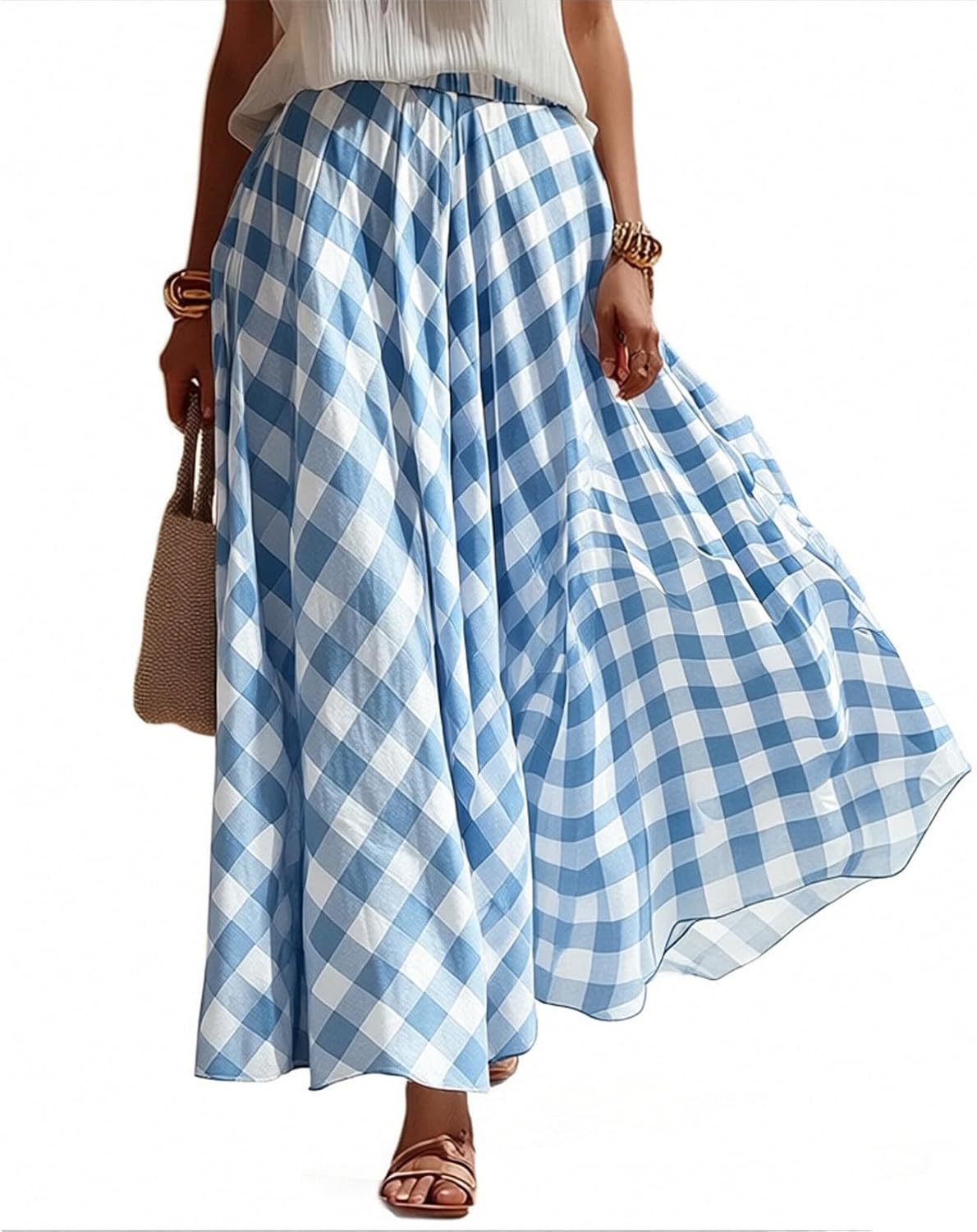 Plaid Skirts for Women Elastic Waist Maxi Skirt with Pockets Vintage Flowy Gingham Long Skirt Pleated Fashion Skirts