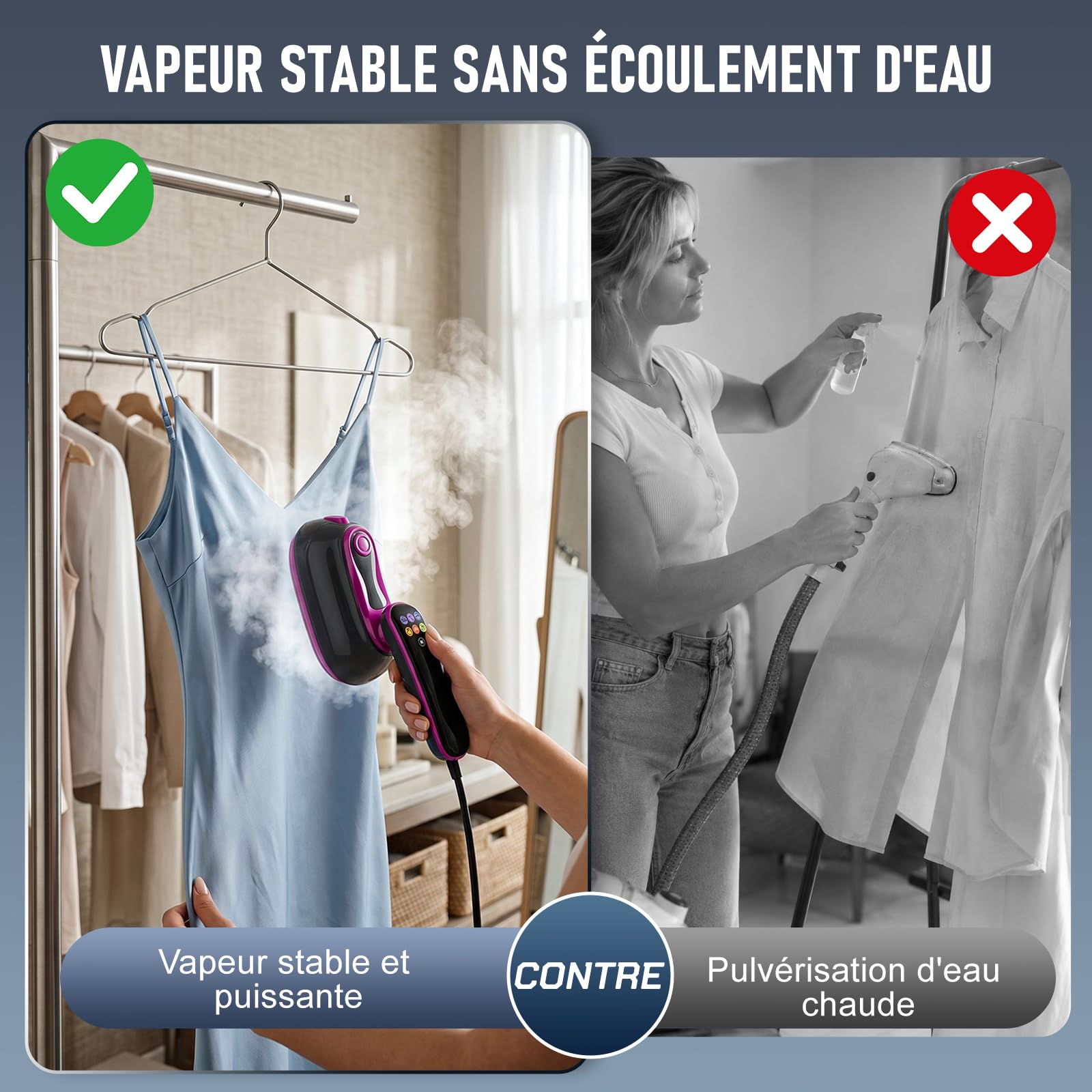 Défroisseur Vapeur 2 En 1, Défroisseur à Main 1300 W Portable Vêtements, Fer à Repasser de Voyage Écran Tactile Multi-Modes, 4 Vapeurs, Repassage Sec + Auto-Nettoyage, Réservoir 160 ml Maison/Voyage
