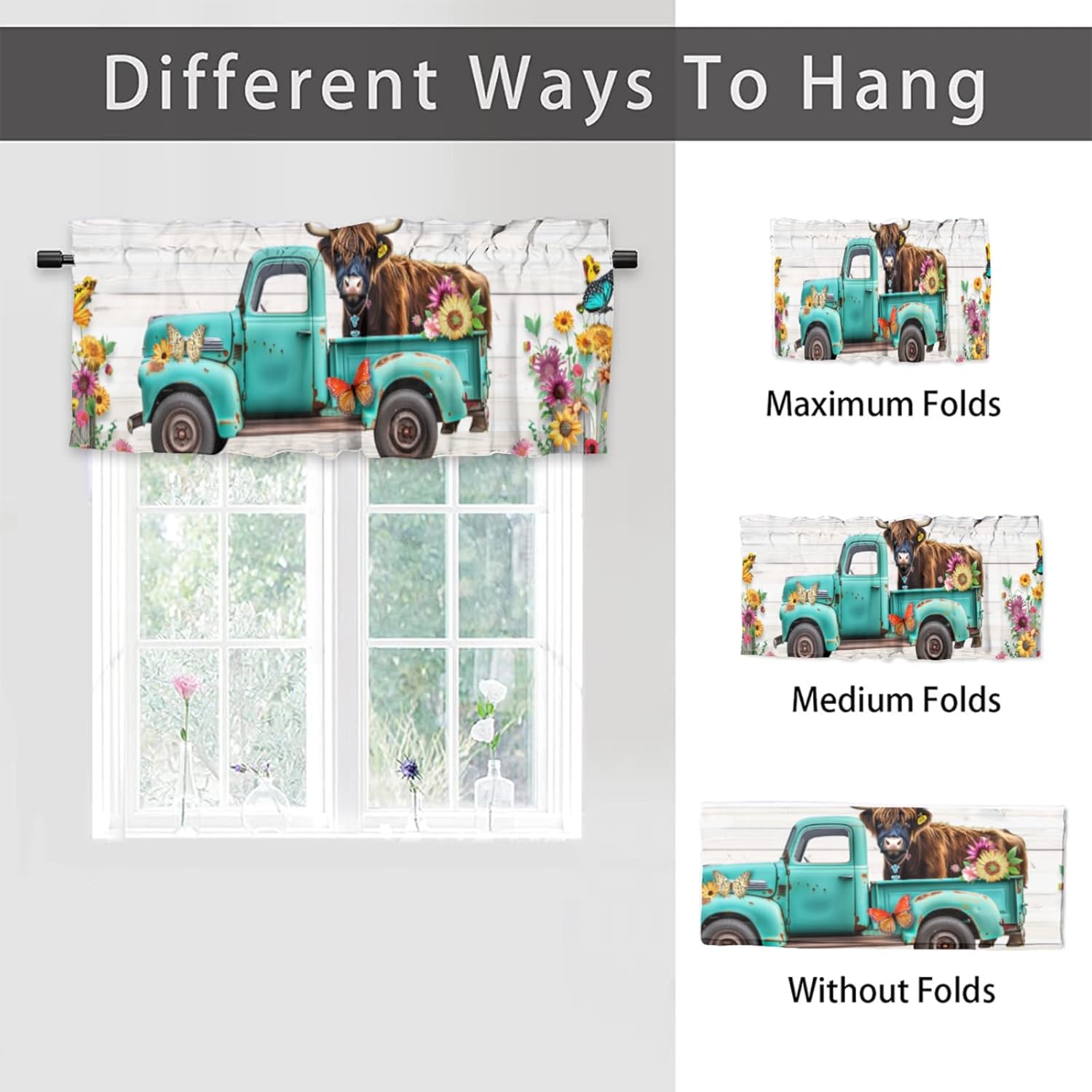 Farmhouse Highland Cow, Kitchen Window Valance Wildflower Cow Bull Rustic Truck Cattle Funny Western Rod Pocket Valance Curtain 54x18inch(2Pcs)