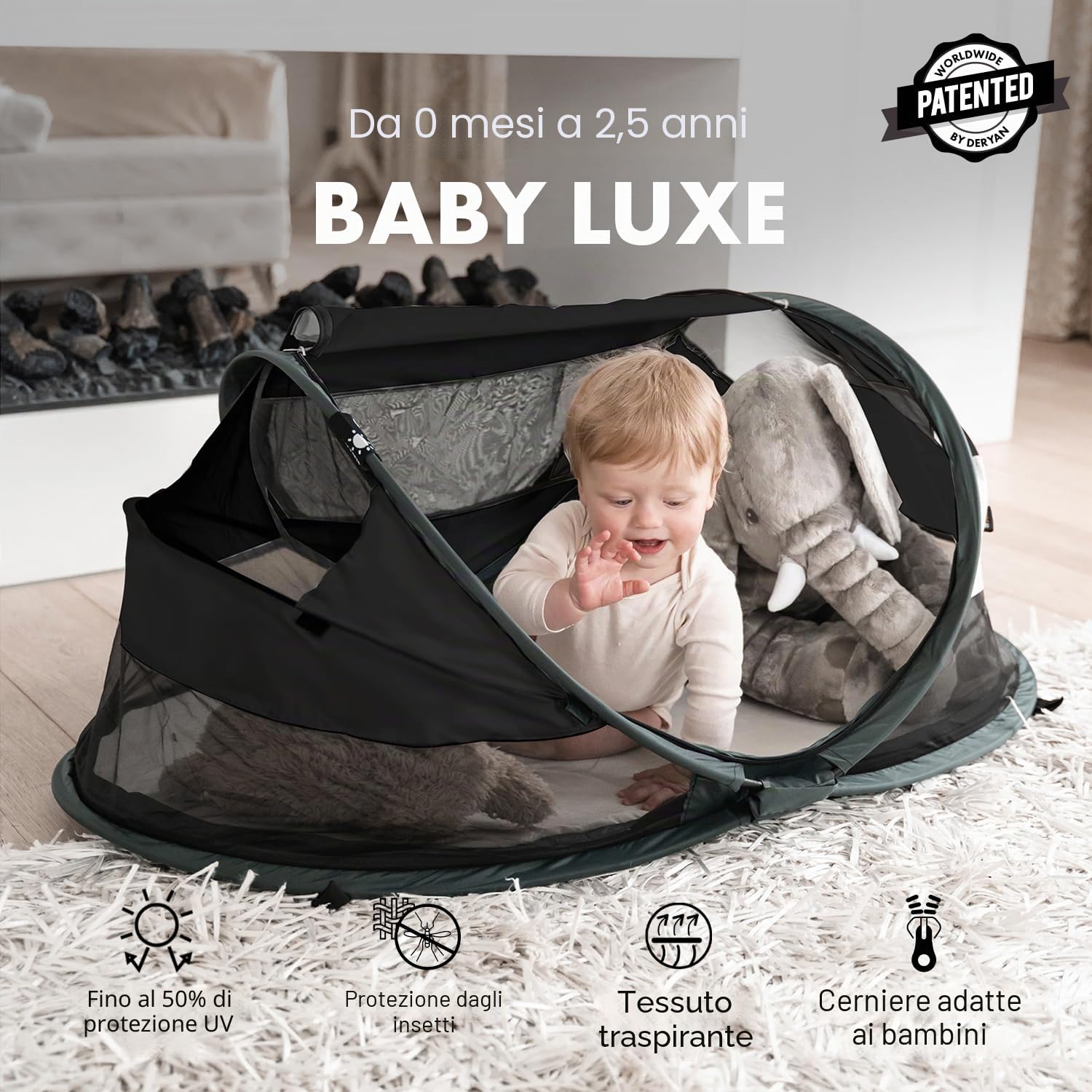 DERYAN Lettino da viaggio - Baby Luxe - Nero - Sistema pop-up - Installazione in soli 2 secondi - Include fodera in cotone con cerniera, materasso ad aria autogonfiabile e borsa per il trasporto, nero