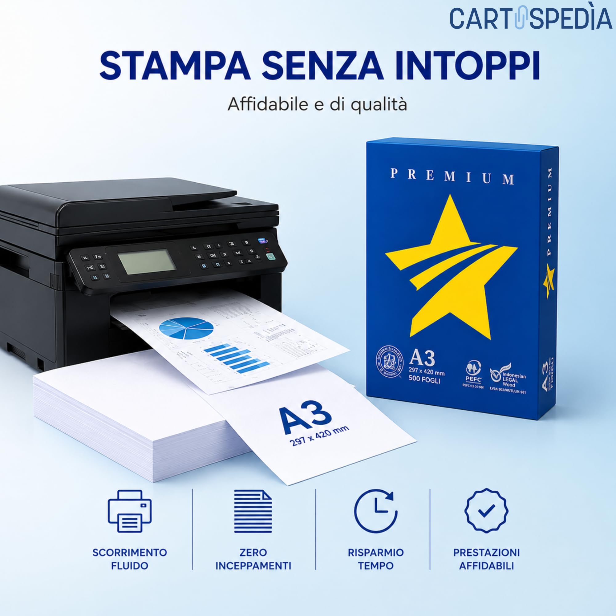 5 Risma Carta A3 da 500 Fogli (2500 Fogli) SENZA INCEPPAMENTO - Carta Stampante 75 gr - Stampante Inkjet, Laser, Fotocopiatrice - Risma di Carta A3 Bianca di ALTA' QUALITA' per Ufficio, Casa e Scuola