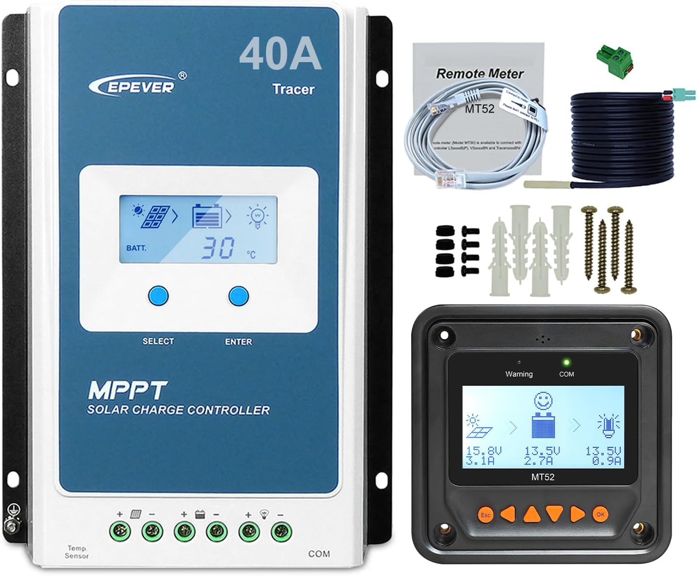 EPEVER 40A MPPT Solar Charge Controller, 12V/24V Auto, Max Input 100V Solar Panel 520W/1040W Regulator for Gel Sealed Flooded AGM Lithium Battery Charging, Negative Grounded(40A+MT50+RTS)