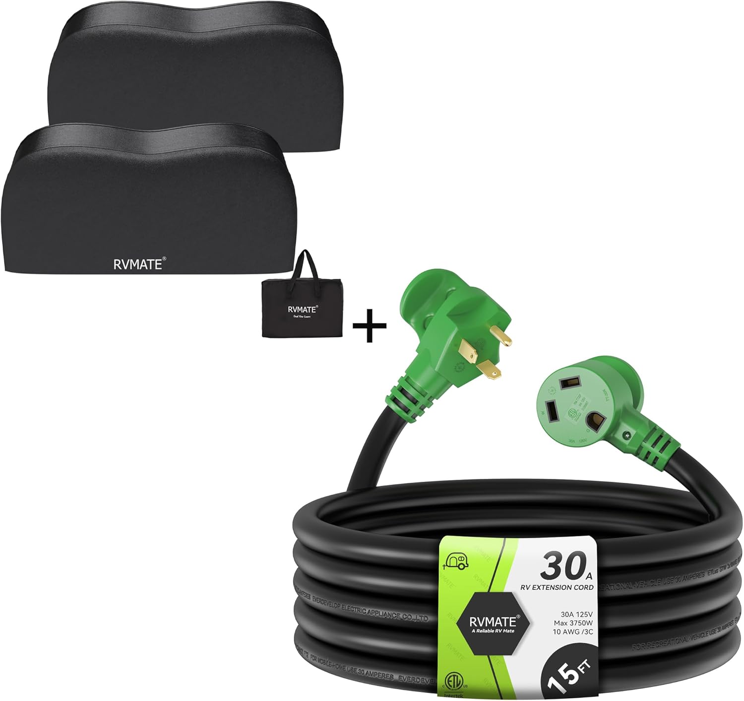 RVMATE 30 Amp 15 Feet RV Power Extension Cord & RV Tire Covers, Fits 27"-30" Diameter Tires,