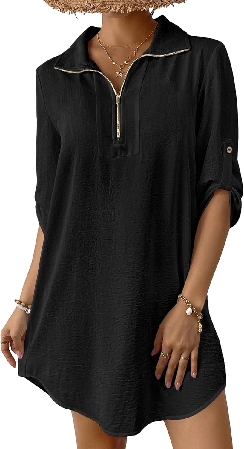 Bsubseach Swimsuit Coverup for Women 3/4 Sleeve Bathing Suit Cover Up Polo Shirt Beach Dress Vacation Outfits