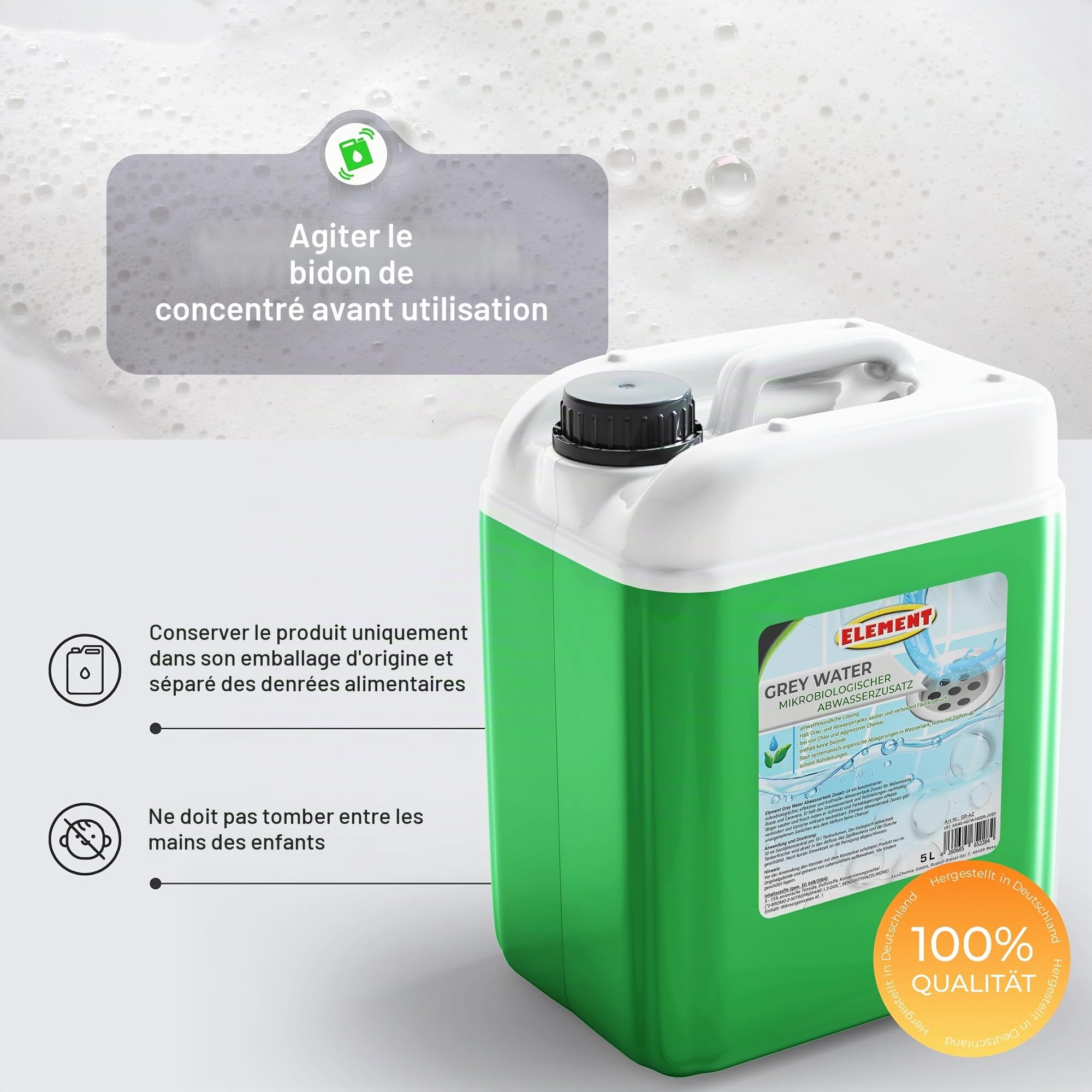 Additif pour réservoir d'eau grise pour camping-car - 5 litres - Concentré - Additif microbiologique pour réservoir d'eau grise - Nettoyant contre les odeurs désagréables - Additif pour réservoir
