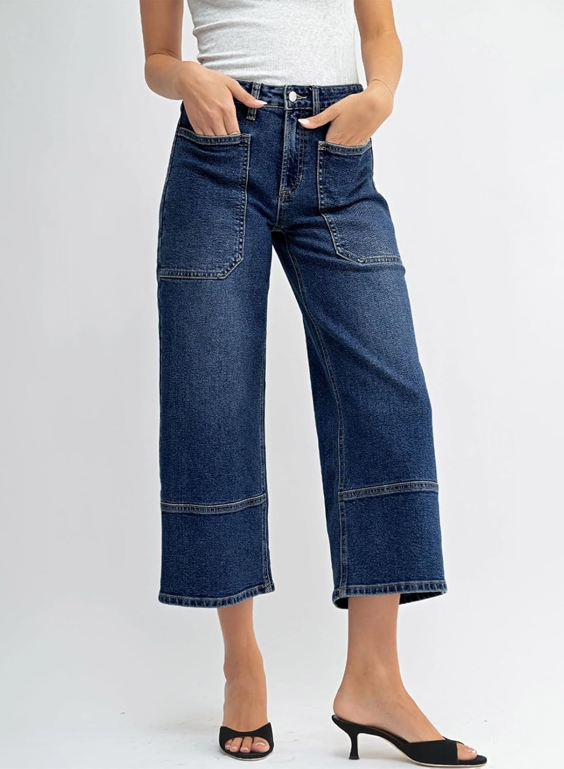 Sidefeel Women's Wide Leg Jeans High Waisted Stretchy Big Pockets Capri Denim Pants - Image 5