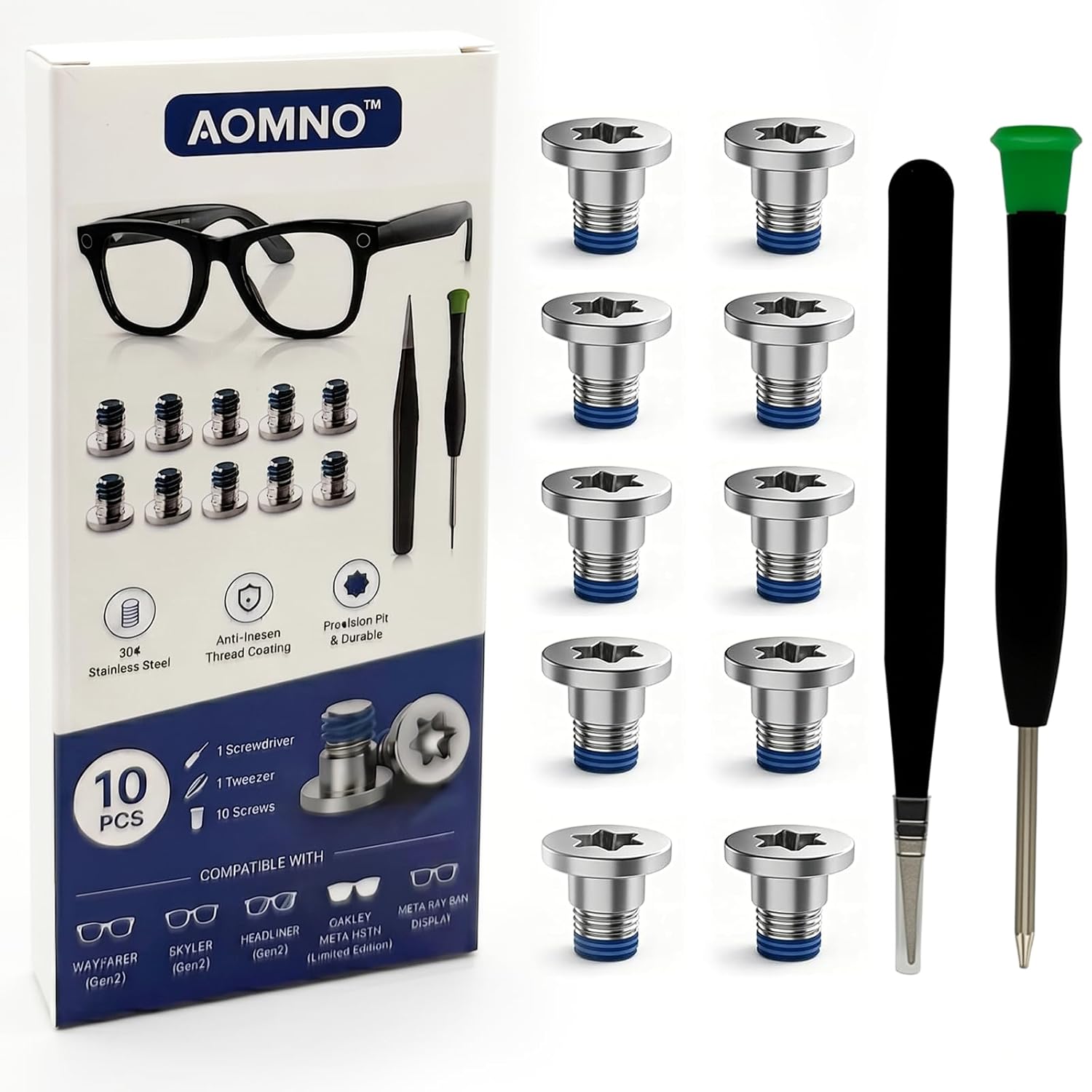10PCS Screw Set for Ray-Ban Meta Smart Glasses & Oakley Meta HSTN – 304 Stainless Steel Replacement Screws Kit with Screwdriver & Tweezers for Wayfarer/Skyler/Headliner (Gen2) & Meta Display