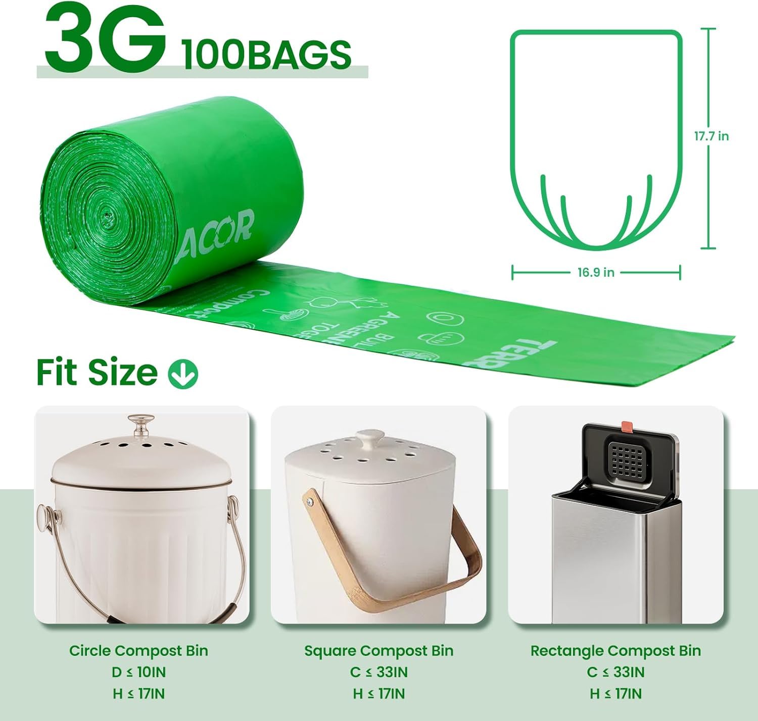 Bolsas de basura compostables de 3 galones, bolsas de abono para cubo de encimera, 200 unidades (paquete de 2) con certificación BPI y cumple con la norma ASTM D6400