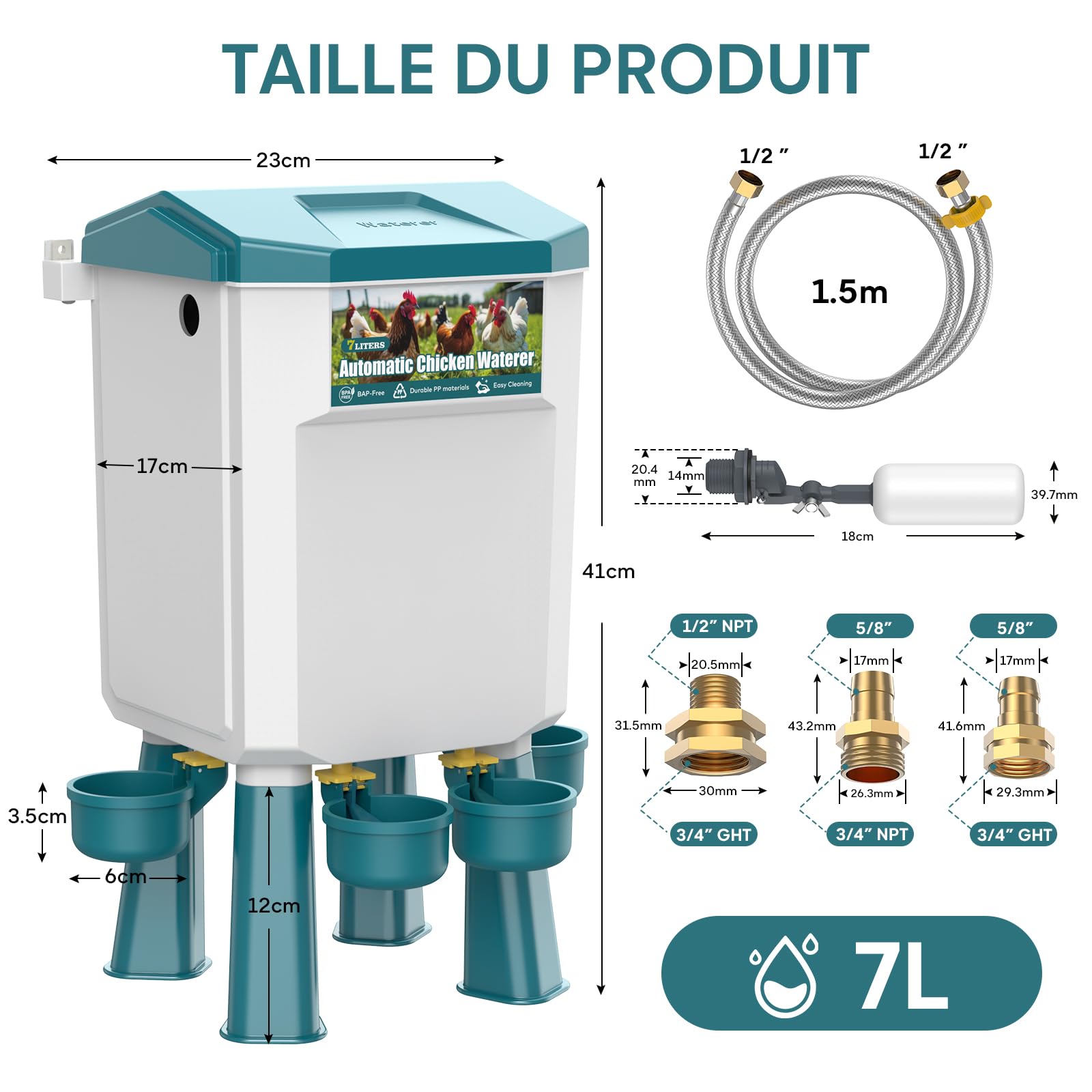 CHAMUTY Abreuvoir Poules Automatique 7 Litres avec Pieds, 4 Bols, Flotteur Filtré Contrôlé, Tuyau en Acier Inoxydable de 1,5 m, Distributeur Eau Poule Automatique Pour Canards, Oies, Dindes et Pigeons