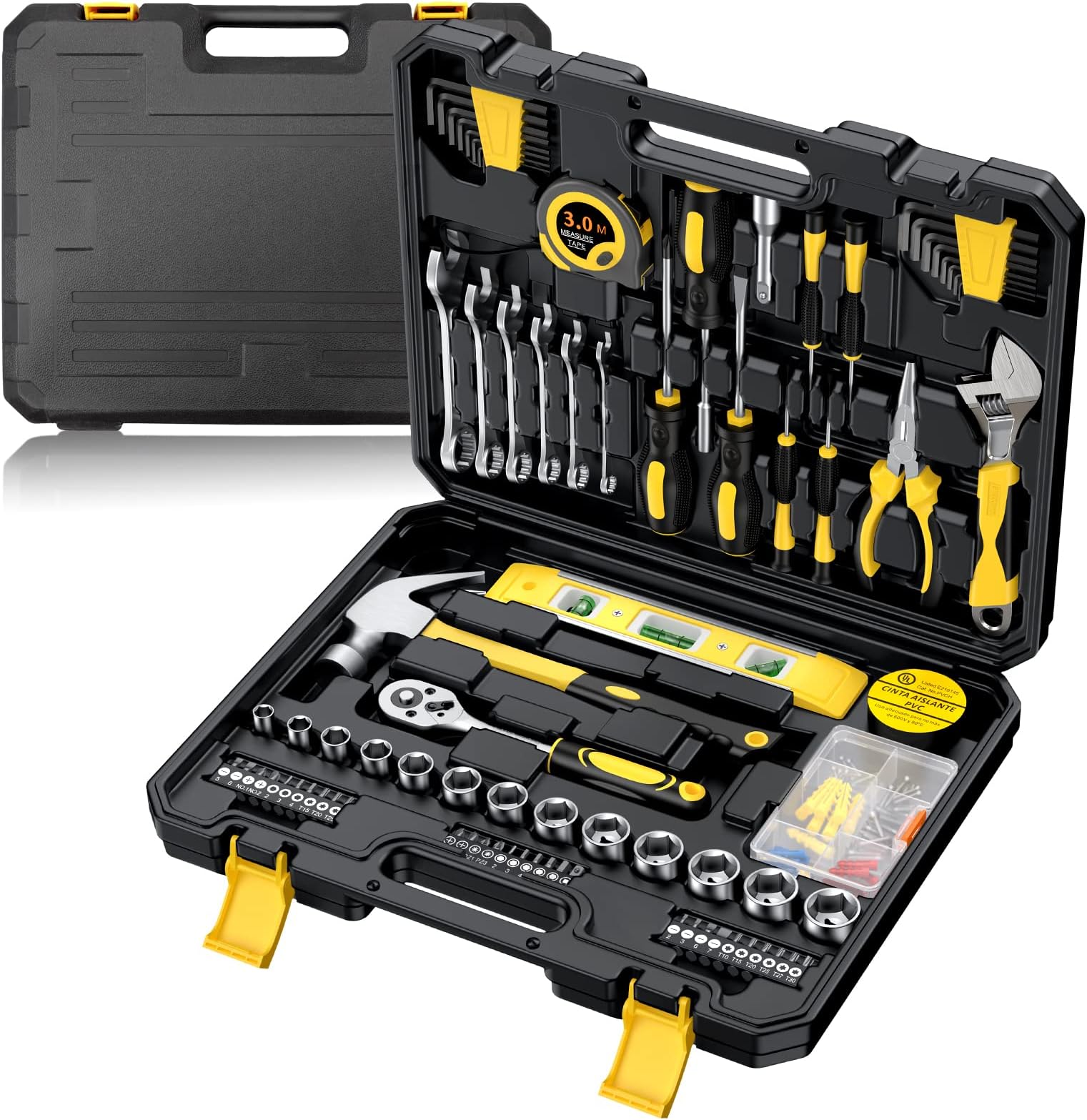 Proster Home Tool Kit 108 PCS Tool Set Household Hand Tool Kit Repair Tool Set Essential Tools Box Including Claw Hammer Ratchet Wrench Tape Measure etc for DIY Workshop Garage Repair