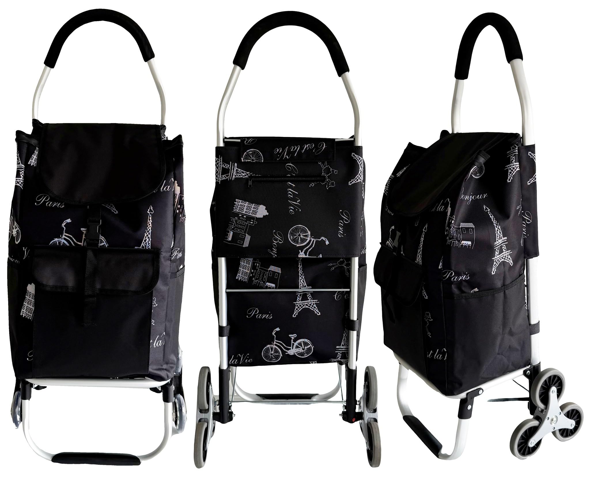 Carrello spesa 3 Ruota per scale con robusto telaio in alluminio e borsa in tela impermeabile rimovibile ideale per lo shopping comodo e pratico D0163 (Parigi, Ruota Bianco silenzioso)