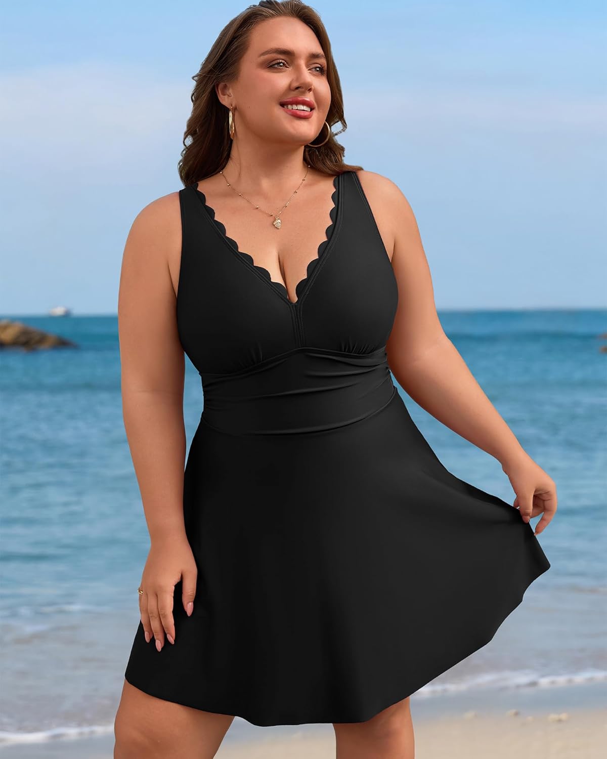 Charmo Women Plus Size Swimdress One Piece Swimsuit Ruched Tummy Control Bathing Suit Scalloped V Neck Flowy Swimwear - Image 7