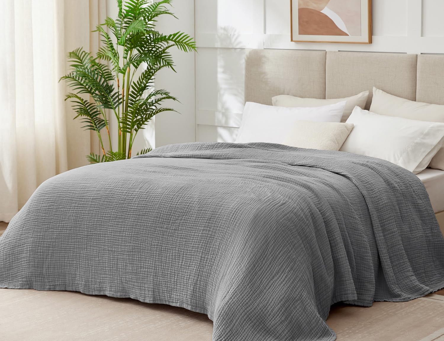 100% Cotton Muslin Blanket King 108" x 90", 6 Layers Breathable and Lightweight Cotton Throw Blanket for Bed, Soft Quilt Bedspread Coverlet, Gauze Blanket for Adults All Season, Grey