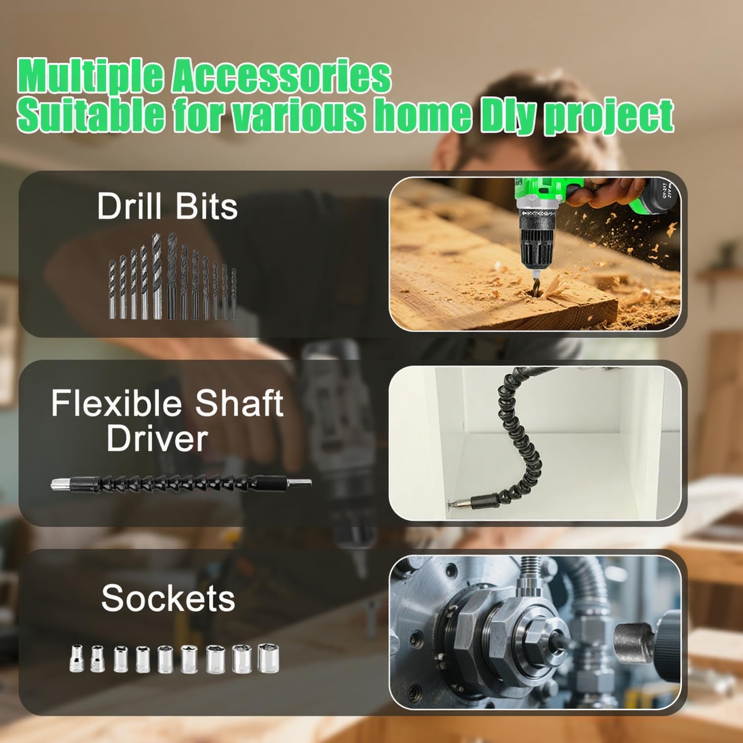 Kit trapano senza fili verde da 21 V, fai da te, 2 batterie e caricabatterie rapido, compatto, 2 velocità, mandrino senza chiave da 3/8", coppia 24+1, luce LED per legno e metallo