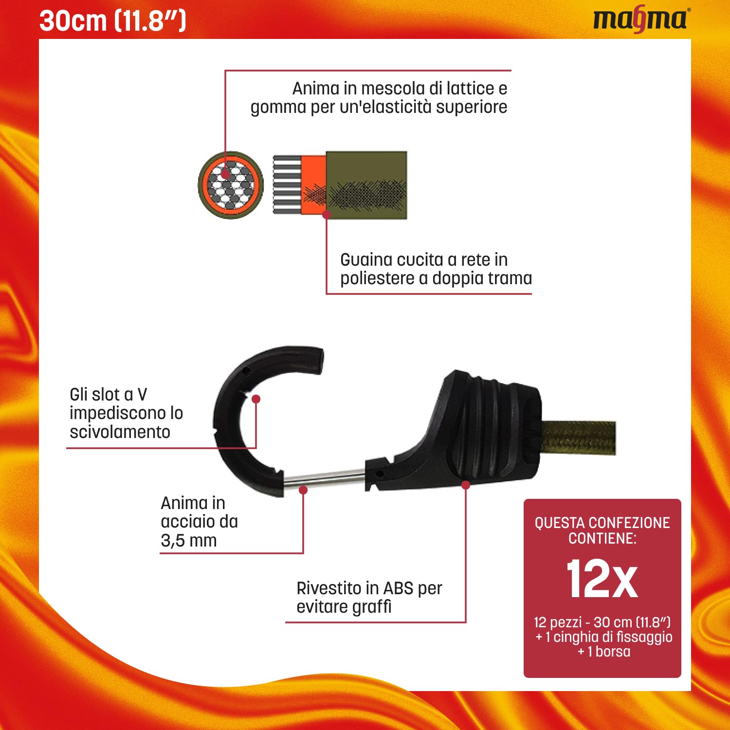 MAGMA Set da 12 Corde Elastiche | Cavi Extra Forti con Ganci | Cavi Elastici di Fissaggio Per Auto per Assicurare Portapacchi e Teloni | Per Campeggio, Uso Militare, Attività all’Aperto (30cm, Nere)