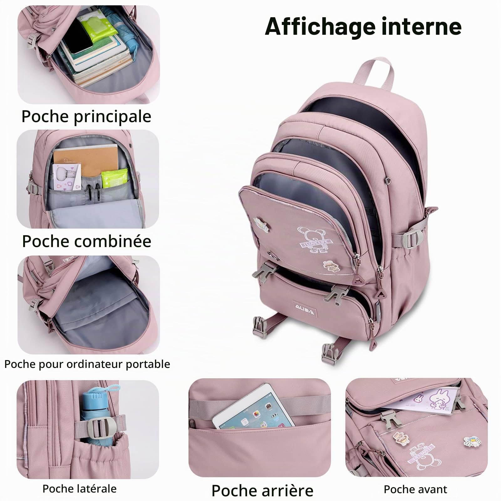FANDARE Sacs d'école Filles Garçons pour Primaire AOutdoor Voyage Ados avec Pendentif en Peluche Imperméable Nylon Noir