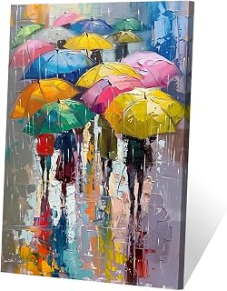 ZHOUWALLPIC Colorful Umbrella Canvas Wall Art Walking in the Rain People Paintings Oil Painting Picture Prints for Living Room Home Bedroom(Umbrella-1,16x20inch (40x50cm))
