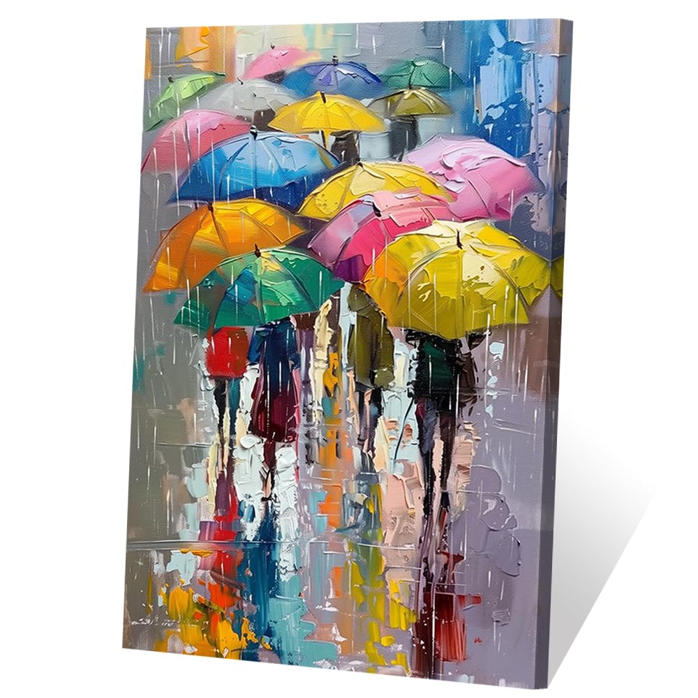 油絵 人々と傘のシーン 大きめフレーム Amazon.co.jp: ZHOUWALLPIC カラフルな傘キャンバスウォールアート 雨
