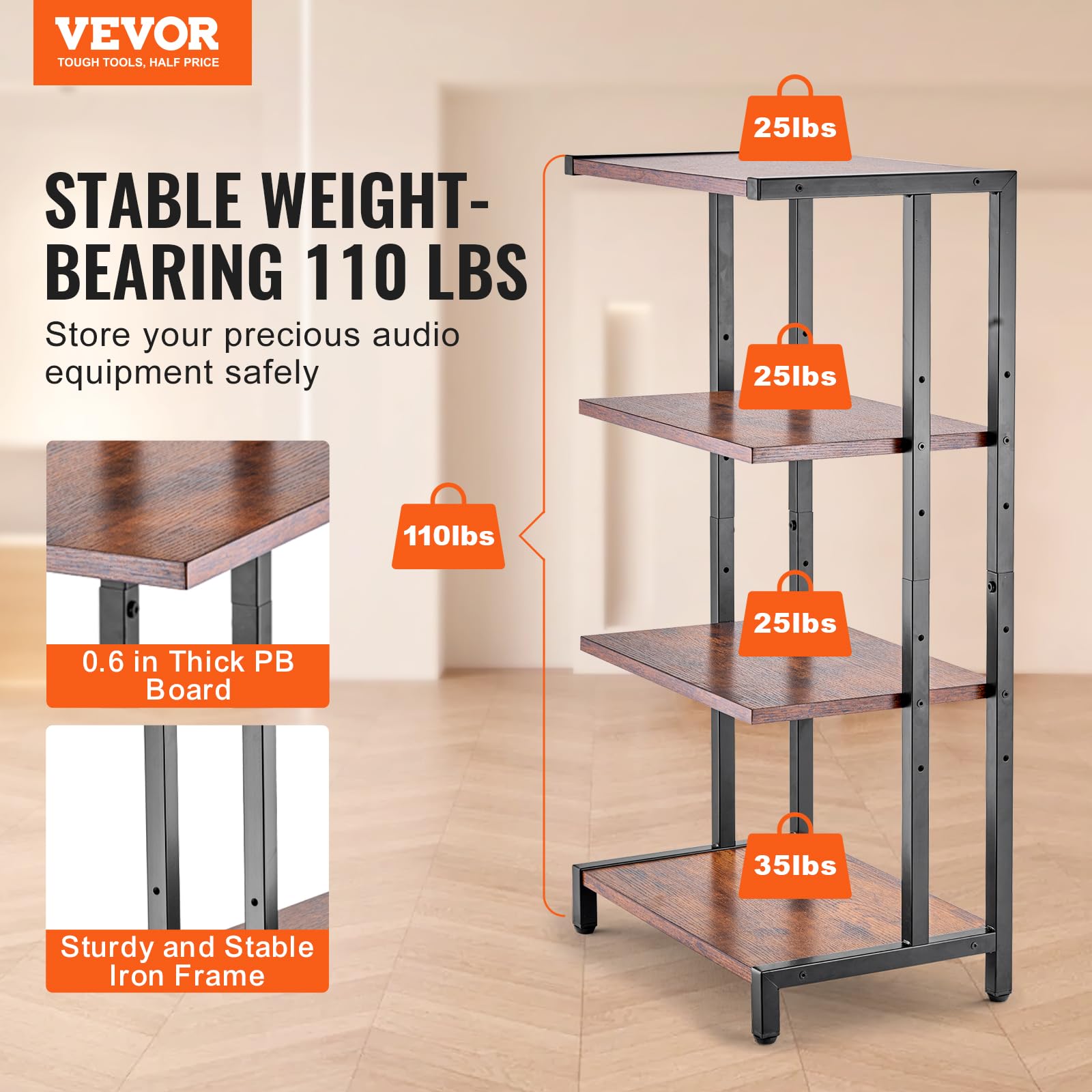 VEVOR Scaffale Portaoggetti Multimediale Altezza Regolabile 420 x 280 x 818 mm, Supporto Multimediale Audio-video 4 Ripiani in Legno per Attrezzatura Multimediale, Mobiletto Portaoggetti Marrone