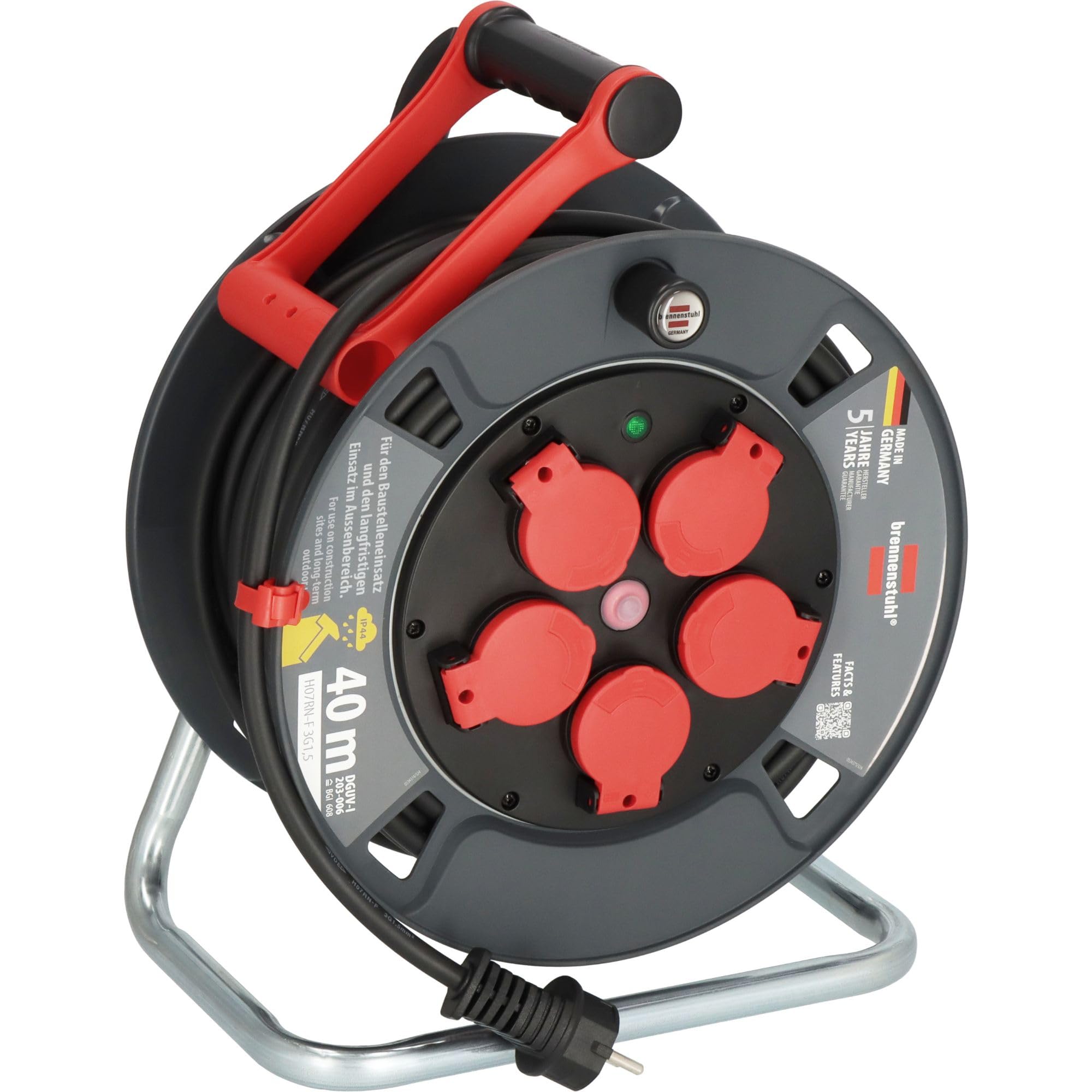 Brennenstuhl Avvolgicavo professionale 300 KU 4100 (cavo da 40 m in nero, in plastica speciale, inserto per cantieri e uso costante in esterni, Made in Germany)