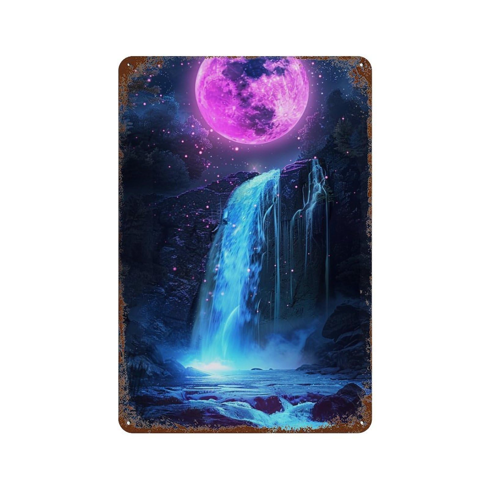 Moonlit Waterfall Fantasy Vintage Rust Metal Sign 11.8"x7.9", Ideal for Bistro, Counter And Cafe Decor