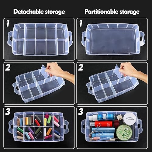 Miniatura 2 de Caja de almacenamiento apilable de plástico con 30 compartimentos ajustables, 3 niveles, organizadores de manualidades apilables transparentes con