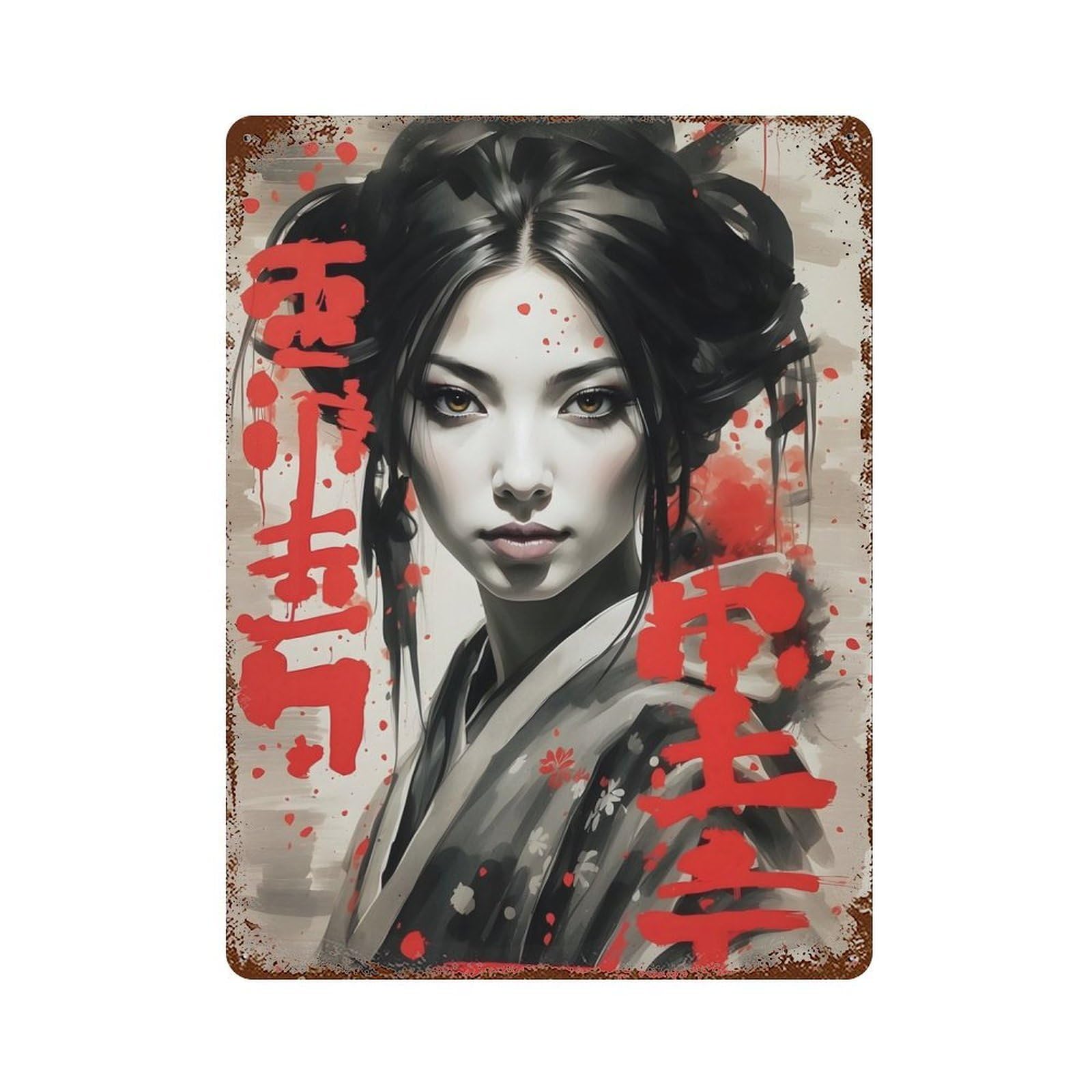 Rust Effect Tin Sign with Japan Geisha Girl Design 15.7"x11.8", for Pub, Kitchen And Man Cave Decor, Industrial Home Decor