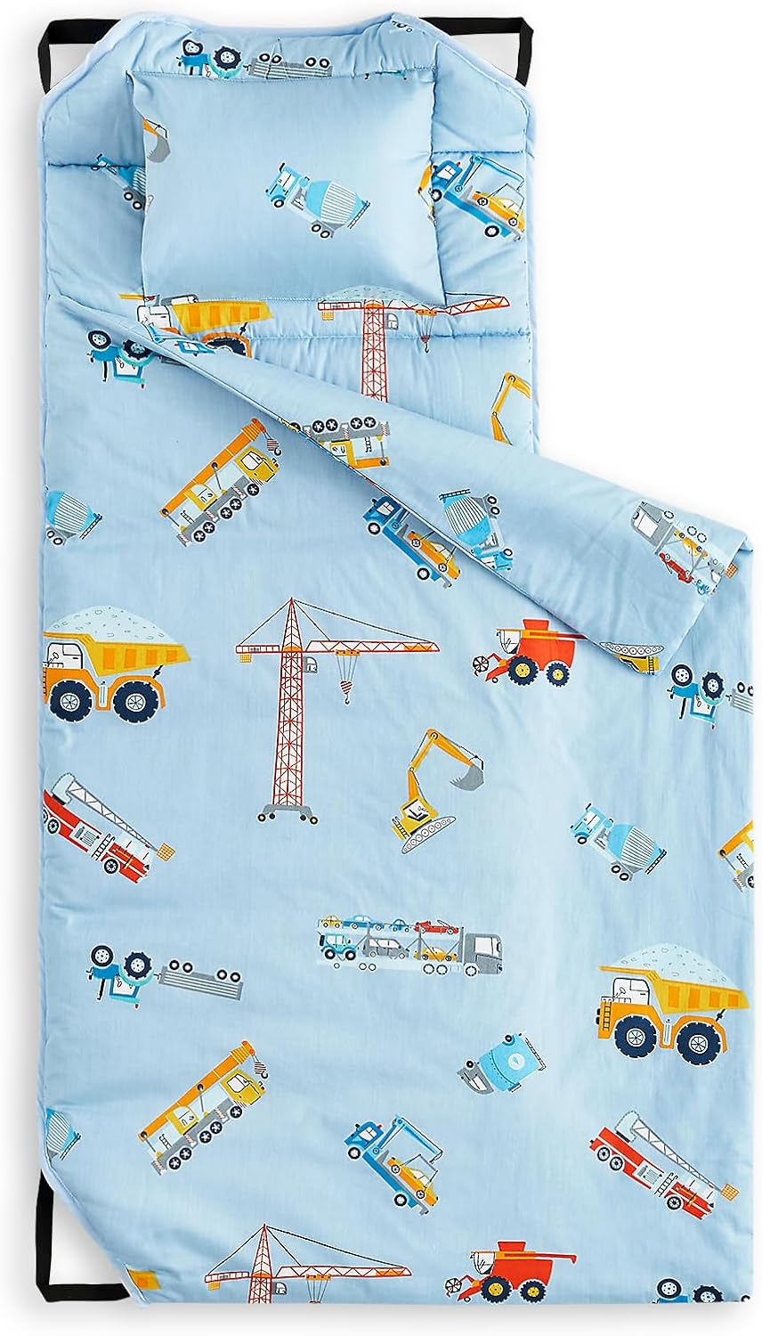 Wake In Cloud - Cot Nap Mat with Pillow and Blanket, 100% Cotton Fabric, for Toddler Kids Boys Ages 3 Plus in Daycare Kindergarten Preschool with Elastic Corner Straps, Cars Cranes Trucks
