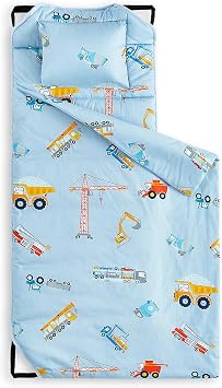 Wake In Cloud - Cot Nap Mat with Pillow and Blanket, 100% Cotton Fabric, for Toddler Kids Boys Ages 3 Plus in Daycare Kindergarten Preschool with Elastic Corner Straps, Cars Cranes Trucks