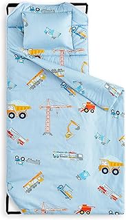 Wake In Cloud - Cot Nap Mat with Pillow and Blanket, 100% Cotton Fabric, for Toddler Kids Boys Girls in Daycare Kindergarten Preschool with Elastic Corner Straps, Cars Cranes Trucks on Blue
